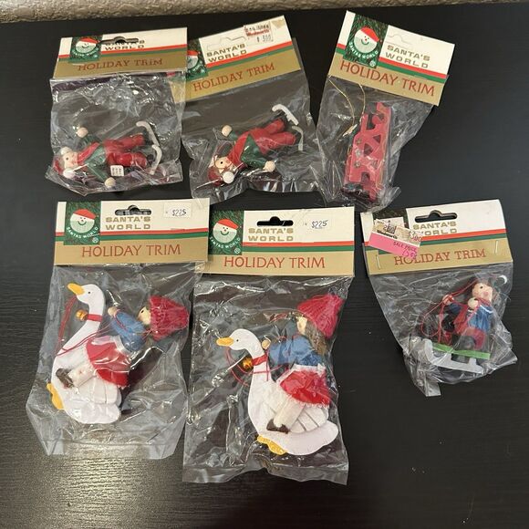 Santa’s World Vintage Lot Of Holiday Ornaments Wooden Ice Skater Sled Goose NOS - Picture 1 of 14